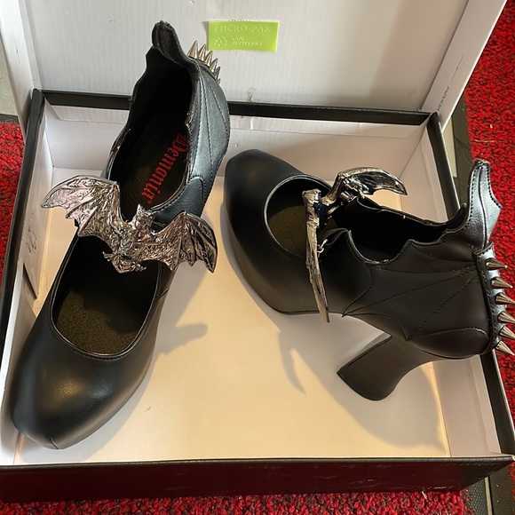 Demonia Shoes - Demonia Platform Slip-On Pump Large Metal Bat Cone Spike Studded Bat Wing Detail